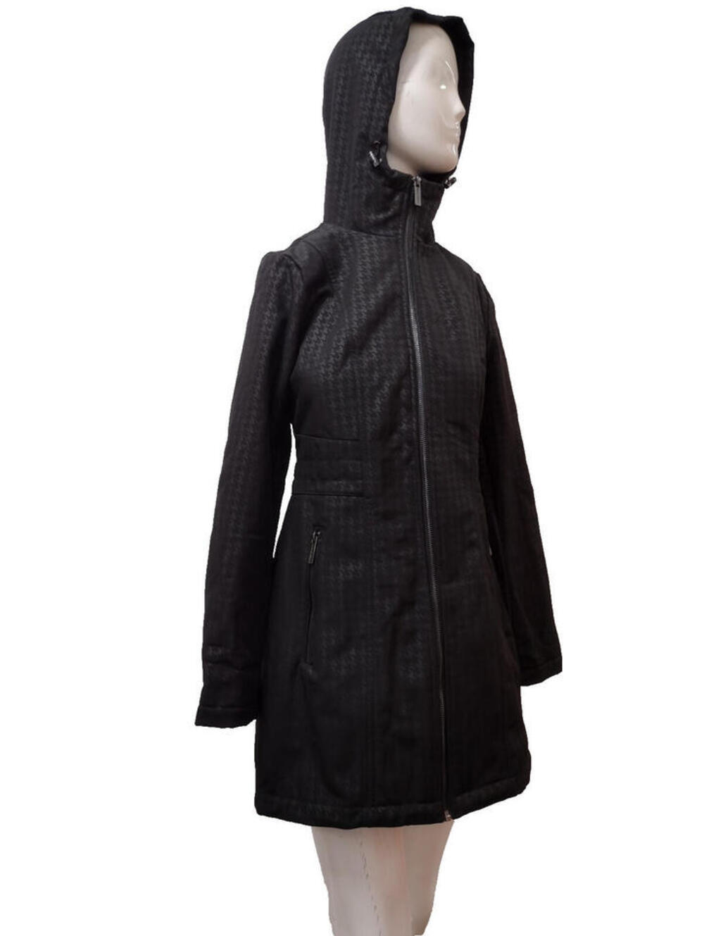 Michael Kors Xs Coat Zippers Furry Hooded Black Houndstooth Space Age Futuristic